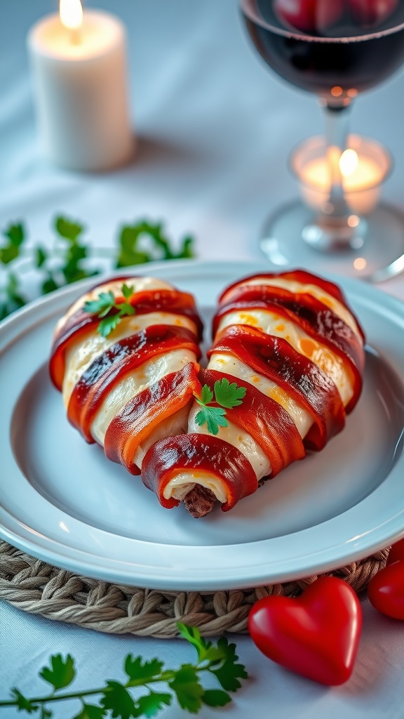 Heart-shaped bacon-wrapped chicken on a plate with parsley in a romantic dinner setting.